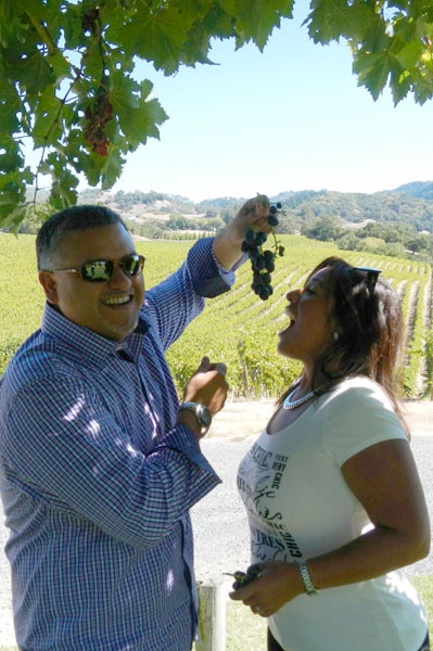 Guests tasting grapes while overlooking Sonoma vineyards