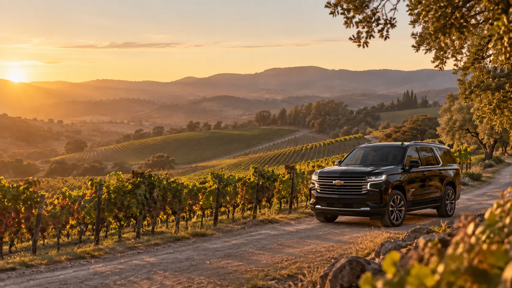 Private vehicle overlooking golden-hour Sonoma vineyards
